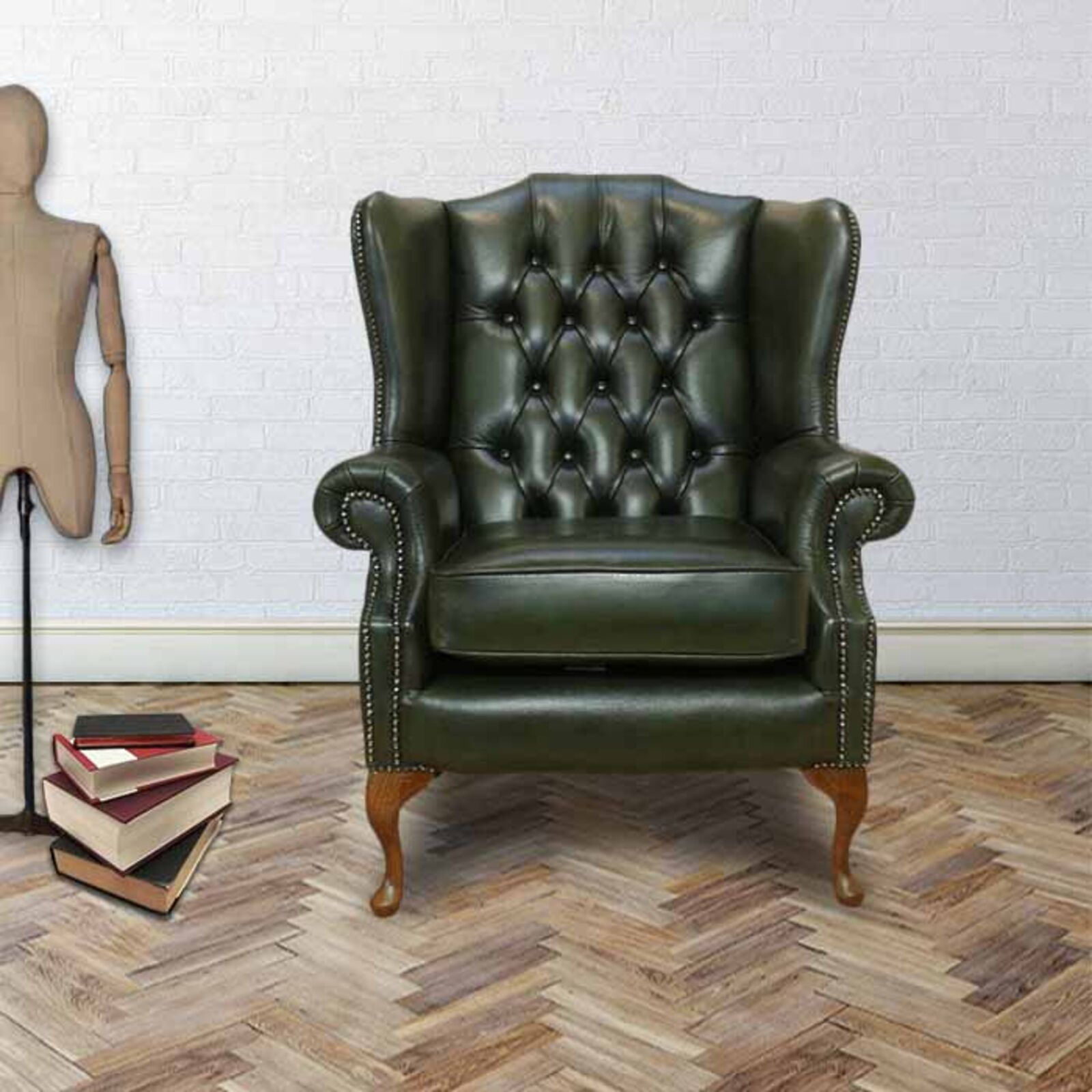 Product photograph of Chesterfield Mallory Flat Wing Queen Anne High Back Wing Chair Antique Green Real Leather from Designer Sofas 4U