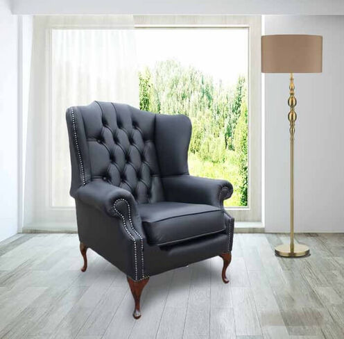 Chesterfield Mallory Flat Wing Queen Anne High Back Wing Chair UK Manufactured Black Leather