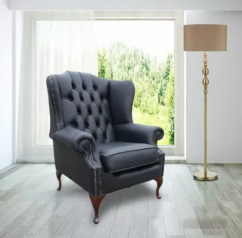 Chesterfield Mallory Flat Wing Queen Anne High Back Wing Chair UK Manufactured Black Leather
