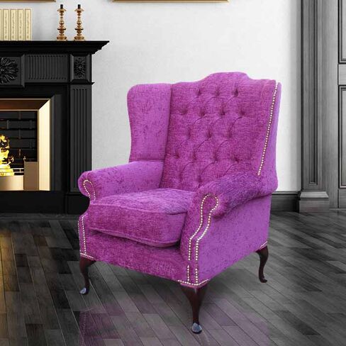 Chesterfield Mallory High Back Fabric Wing Chair Carlton Fuchsia