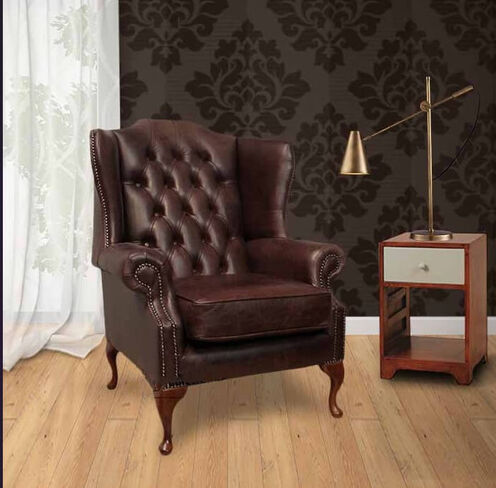 Chesterfield Mallory High Back Wing Chair UK Manufactured Hand Dyed Old English Dark Brown Leather