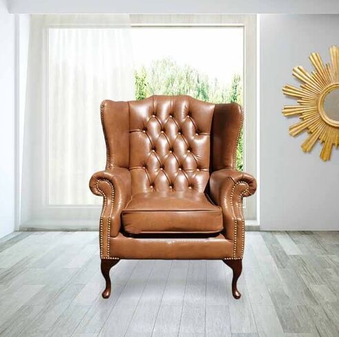 Chesterfield Mallory High Back Wing Chair UK Manufactured Old English Tan Leather Brass Studs