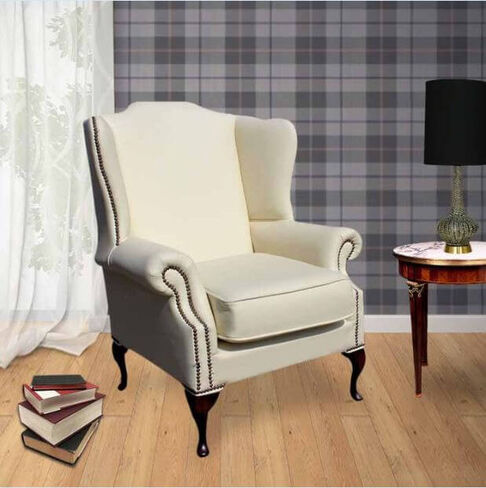 Chesterfield Mallory Saxon Flat Wing High Back Wing Chair UK Manufactured Cottonseed Cream Leather