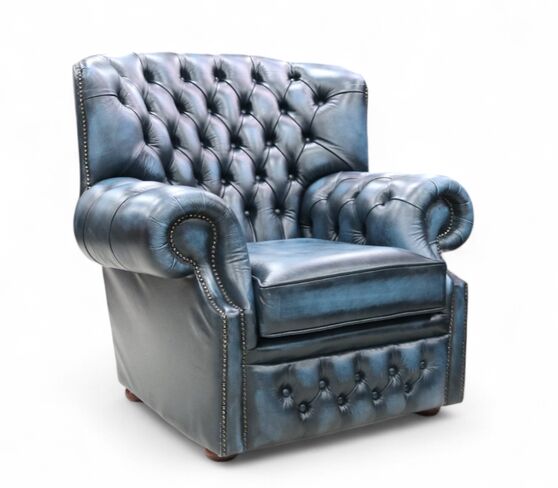 Chesterfield Monks High Back Wing Chair Antique Blue Armchair
