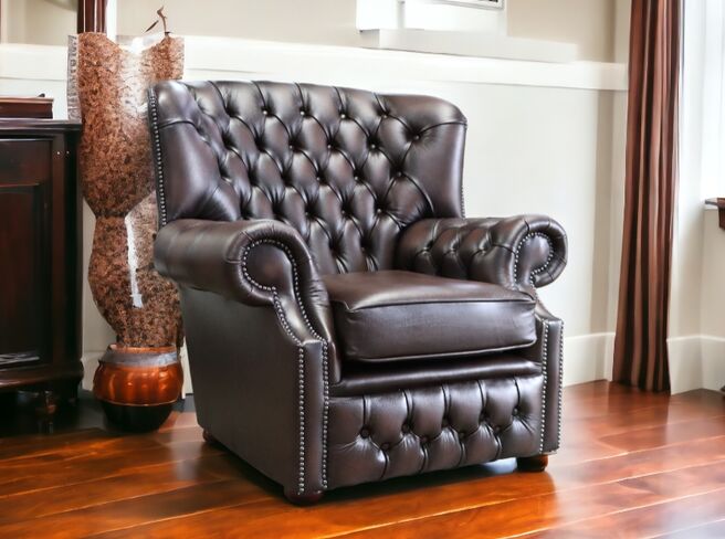 Chesterfield Monks High Back Wing Chair Antique Brown UK Manufactured Armchair