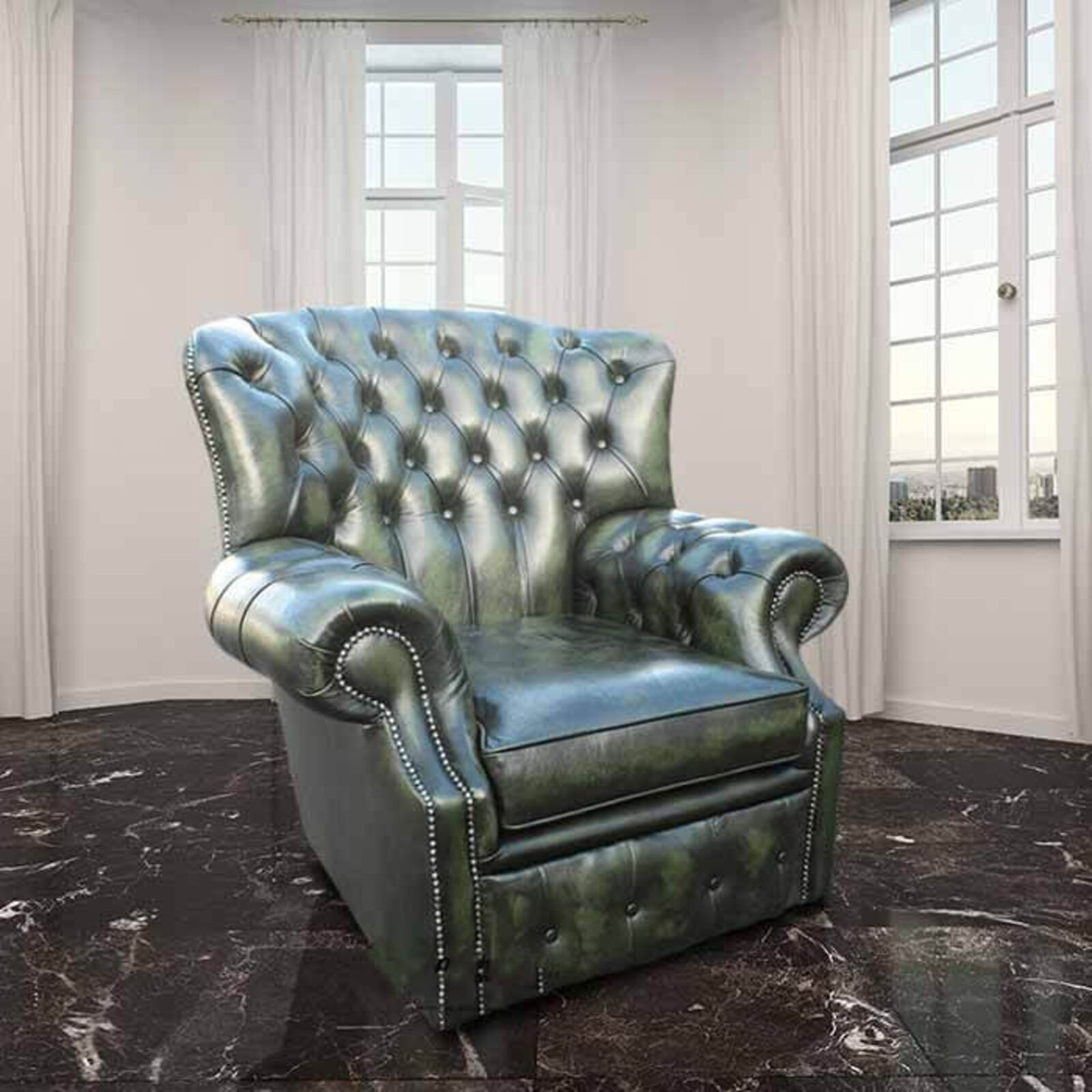 Product photograph of Green Chesterfield Monks High Back Wing Chair from Designer Sofas 4U