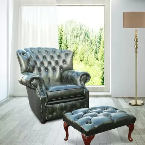 Chesterfield Monks High Back Wing Chair Antique Green UK Manufactured Armchair+Footstool