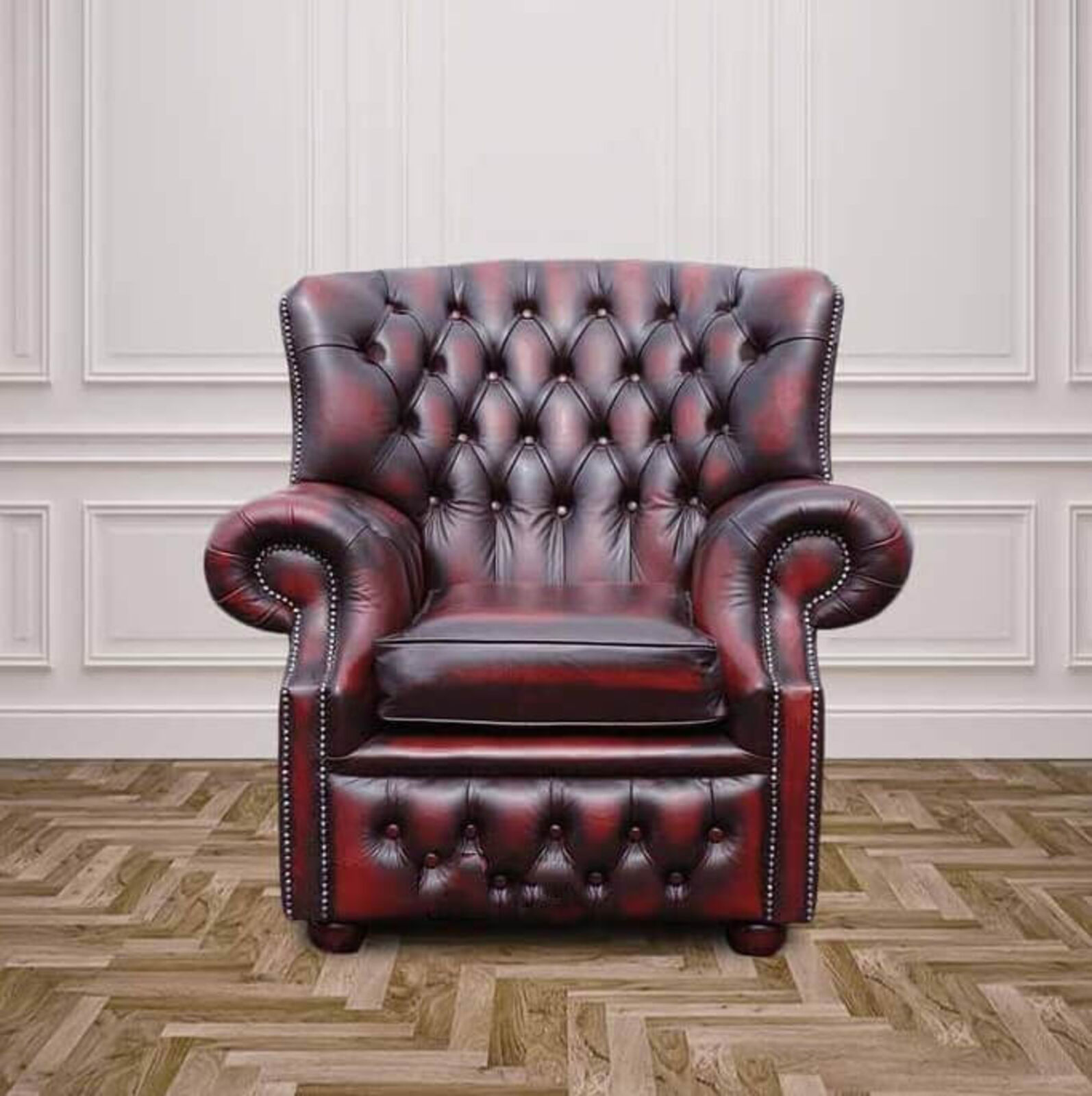 Product photograph of Chesterfield Monks High Back Wing Chair Antique Oxblood Red Real Leather Armchair from Designer Sofas 4U