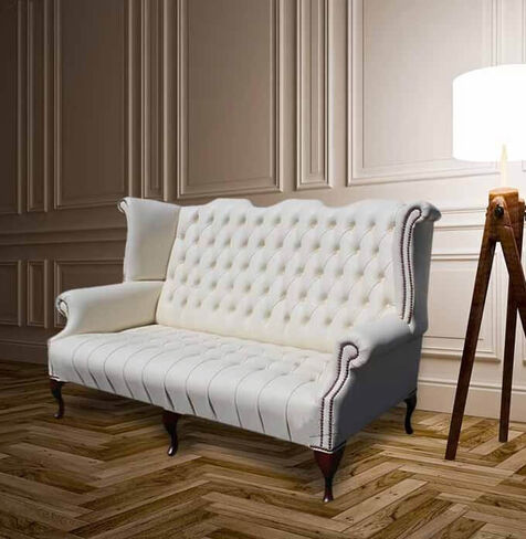 Chesterfield Newby 3 Seater Queen Anne High Back Wing Chair Sofa Cottonseed Cream Leather