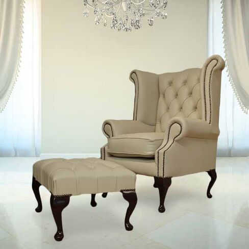 Chesterfield Ivory Leather Queen Anne Wing chair + Footstool