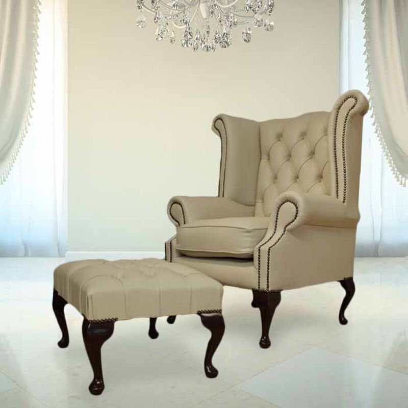 Product photograph of Chesterfield Ivory Leather Queen Anne Wing Chair Footstool from Designer Sofas 4U