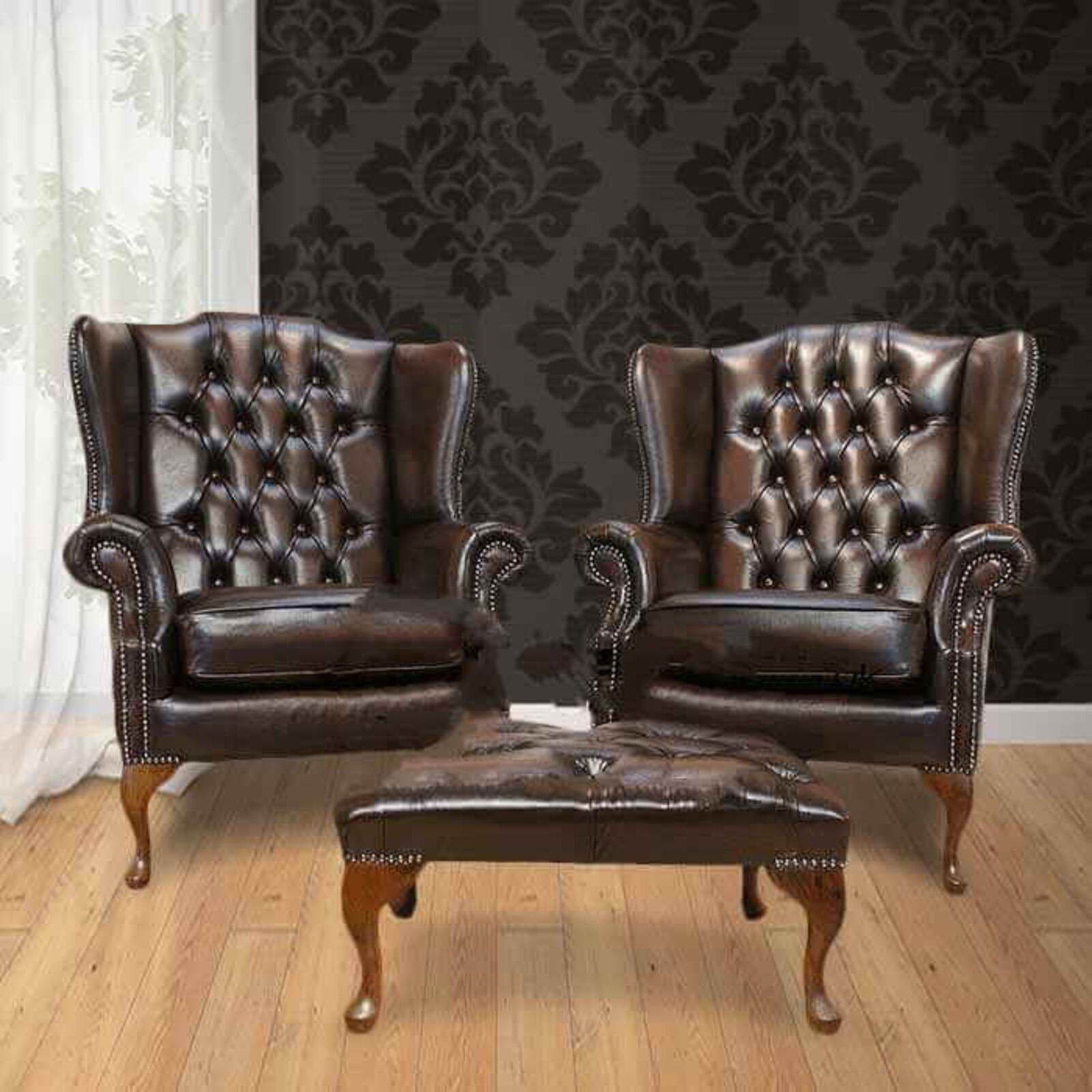 Product photograph of Chesterfield Offer Pair Mallory Flat Wing High Back Armchair Footstool from Designer Sofas 4U