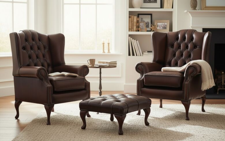 Chesterfield Offer Pair Mallory Flat Wing High Back Armchair Footstool
