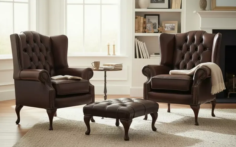 Chesterfield Offer Pair Mallory Flat Wing High Back Armchair Footstool