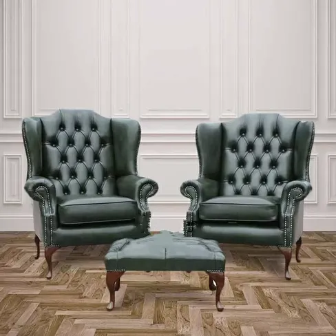 Chesterfield Offer Pair Mallory High Back Wing Chair Footstool Antique Green Leather