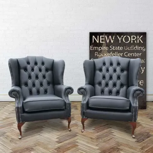 Chesterfield Offer Pair Mallory High Back Wing Chairs Black Leather