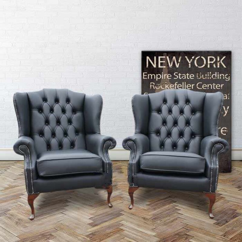 Product photograph of Chesterfield Offer Pair Mallory High Back Wing Chairs Black Leather from Designer Sofas 4U