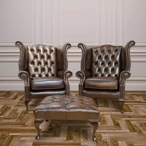 Chesterfield Offer |  Pair of Antique Brown Queen Anne High Back Wing Chair + Footstool
