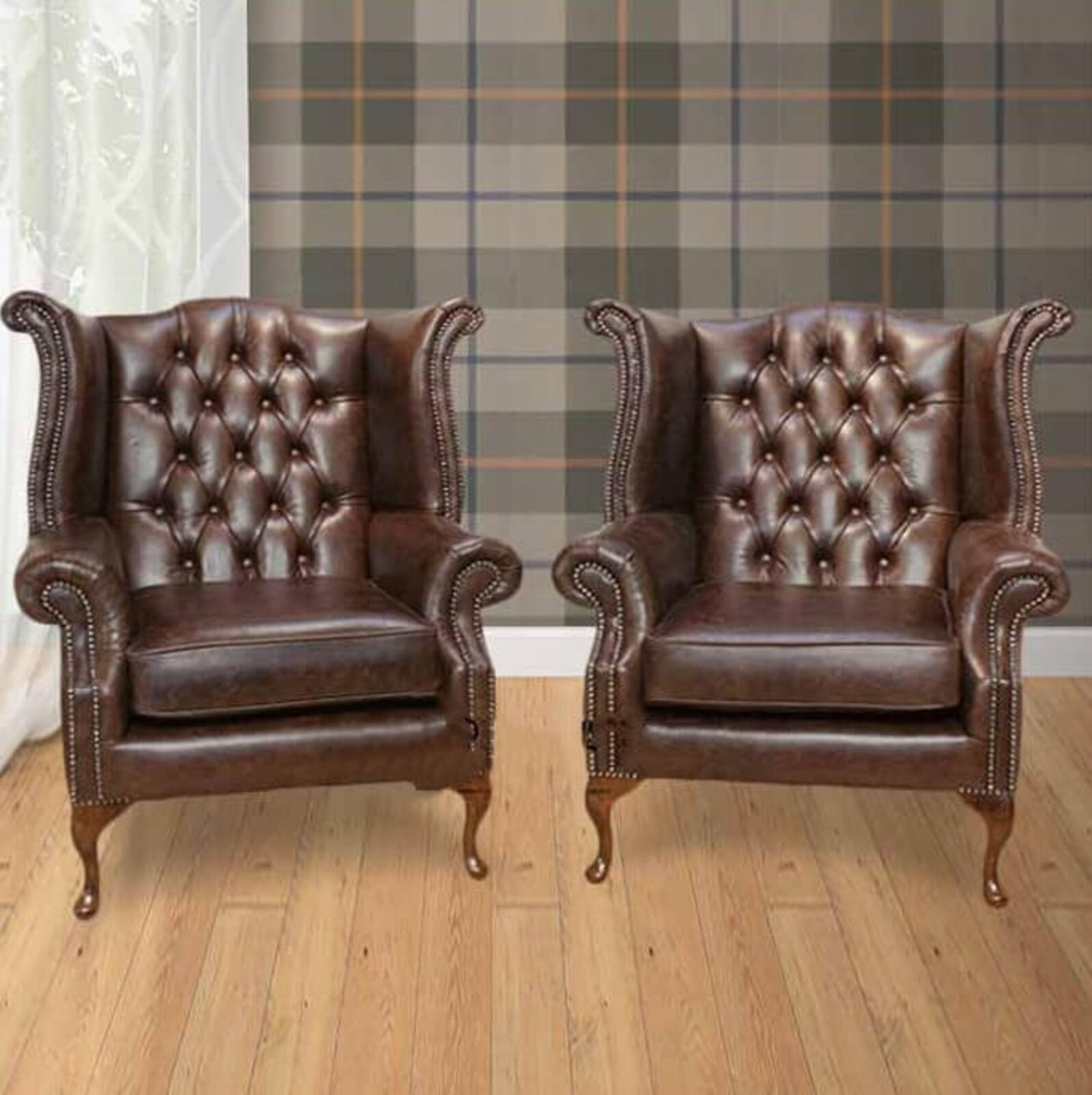 Product photograph of Chesterfield Offer Pair Queen Anne High Back Wing Chair Oil Pull Up Leather Brown from Designer Sofas 4U