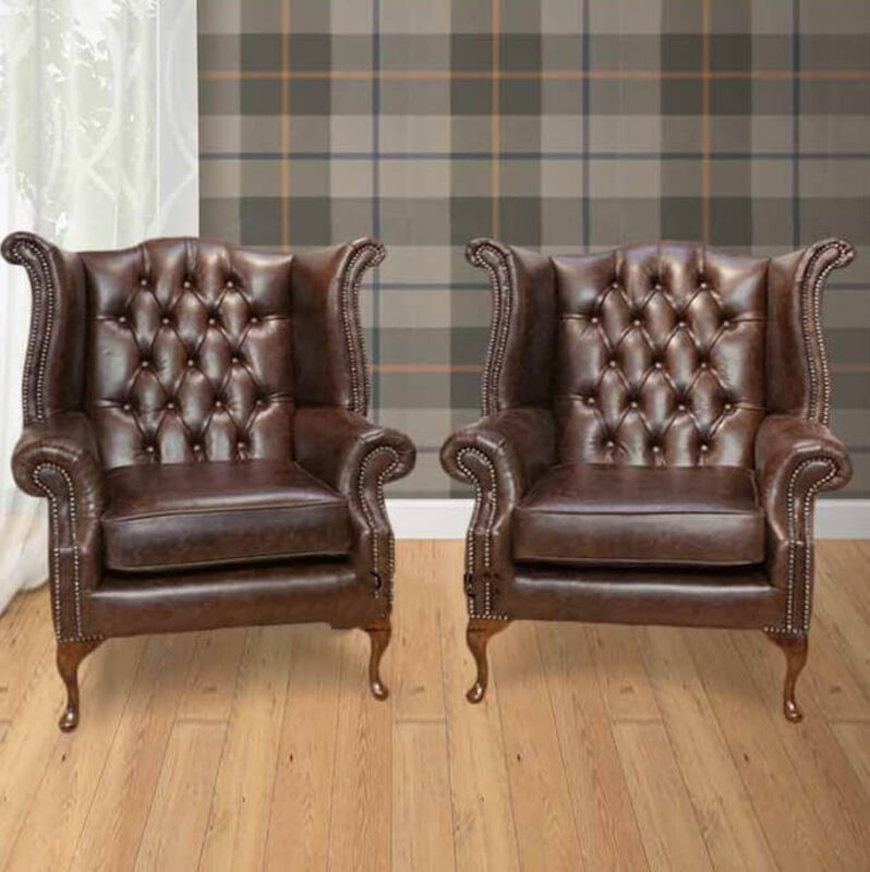 Product photograph of Chesterfield Offer Pair Queen Anne High Back Wing Chair Oil Amp Hellip from Designer Sofas 4U