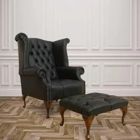 Orignal Chesterfield High Back Wing Chair Buttoned Seat + Footstool | DesignerSofas4U