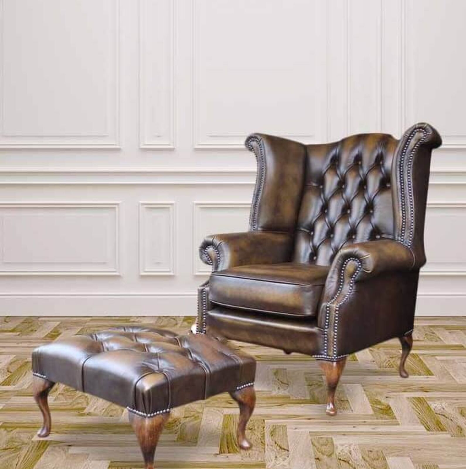 Product photograph of Chesterfield Offer Queen Anne High Back Antique Gold Wing Chair Footstool from Designer Sofas 4U