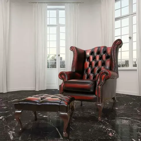 Chesterfield Offer Queen Anne High Back Wing Chair Antique Oxblood Leather Footstool
