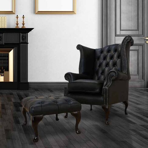 Chesterfield High Back Wing Chair + Footstool | DesignerSofas4U