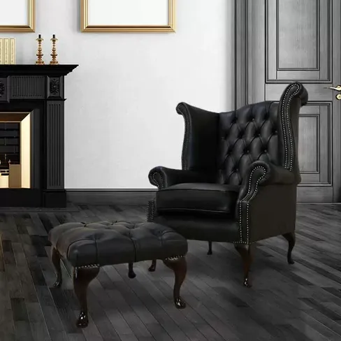 Chesterfield High Back Wing Chair + Footstool | DesignerSofas4U