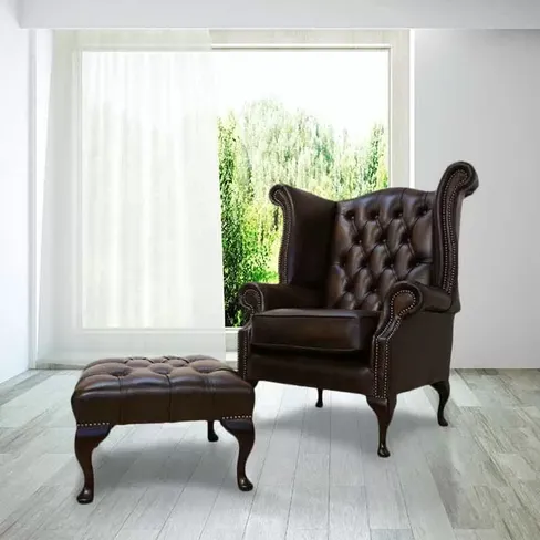 Chesterfield Queen Anne High Back Wing Chair + Footstool Antique Brown Leather