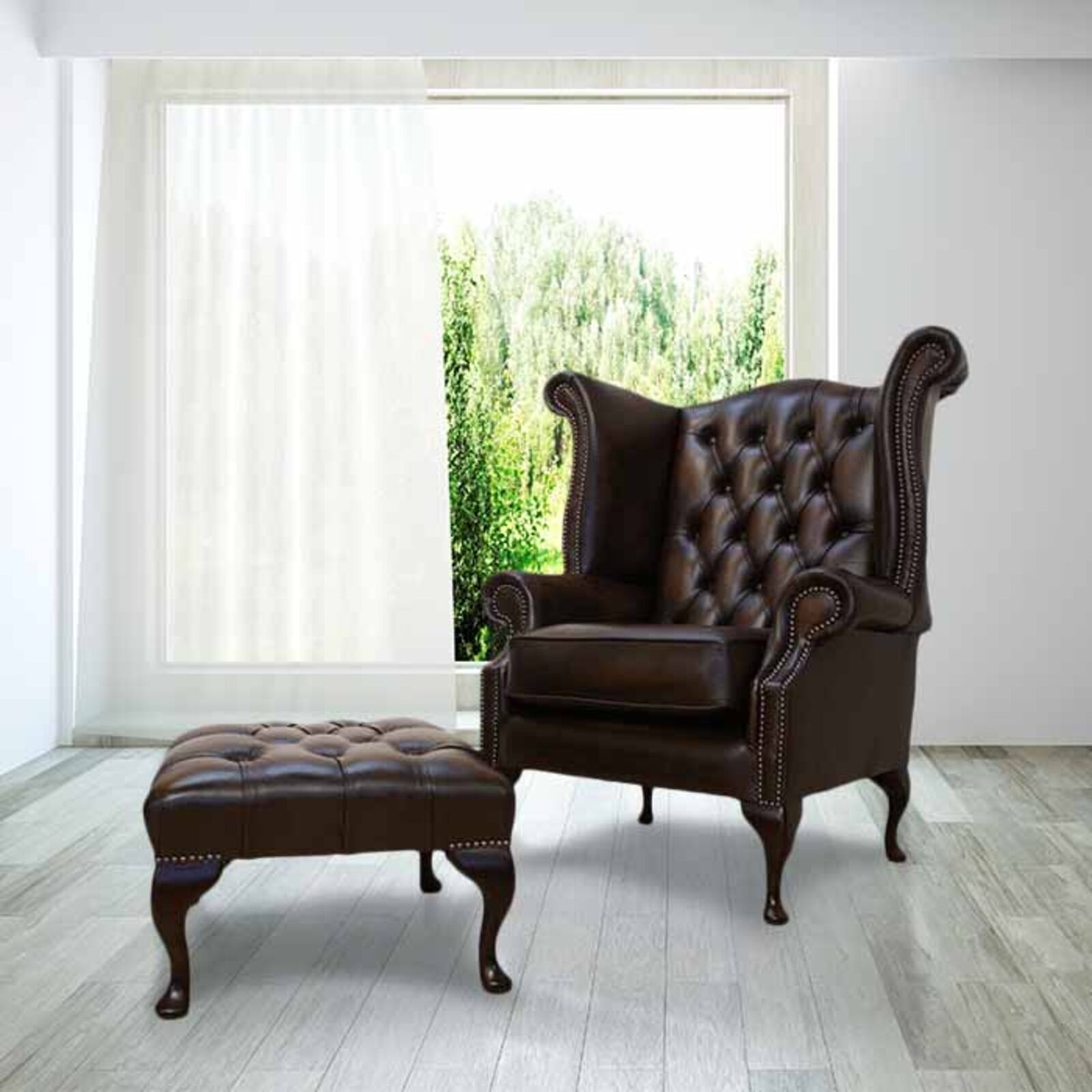 Product photograph of Chesterfield Queen Anne High Back Wing Chair Footstool Antique Brown Leather from Designer Sofas 4U