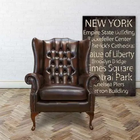 Chesterfield Prince's Mallory Flat Wing Queen Anne High Back Wing Chair UK Manufactured Antique Brown