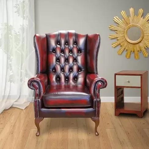 Chesterfield Prince's Mallory Flat Wing Queen Anne High Back Wing Chair UK Manufactured Antique Oxblood