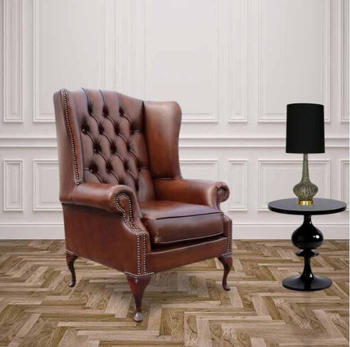 Chesterfield Prince's Mallory Flat Wing High Back Wing Chair UK Manufactured Antique Tan Leather