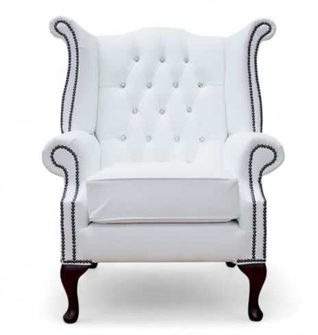 Chesterfield Queen Anne Chair Crystal Diamante White Leather