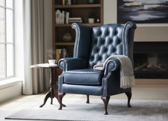 Chesterfield Queen Anne High Back Wing Chair Antique Blue Real Leather