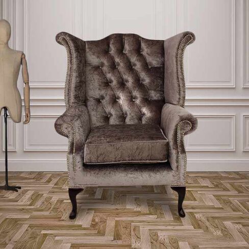Chesterfield Queen Anne High Back Wing Chair Boutique Silver Velvet Fabric