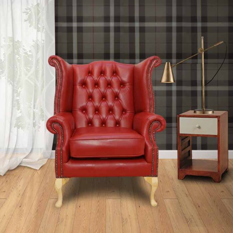 Product photograph of Chesterfield Queen Anne High Back Wing Chair China Red from Designer Sofas 4U
