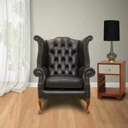 Chesterfield Queen Anne High Back Wing Chair Dark Brown Bournville
