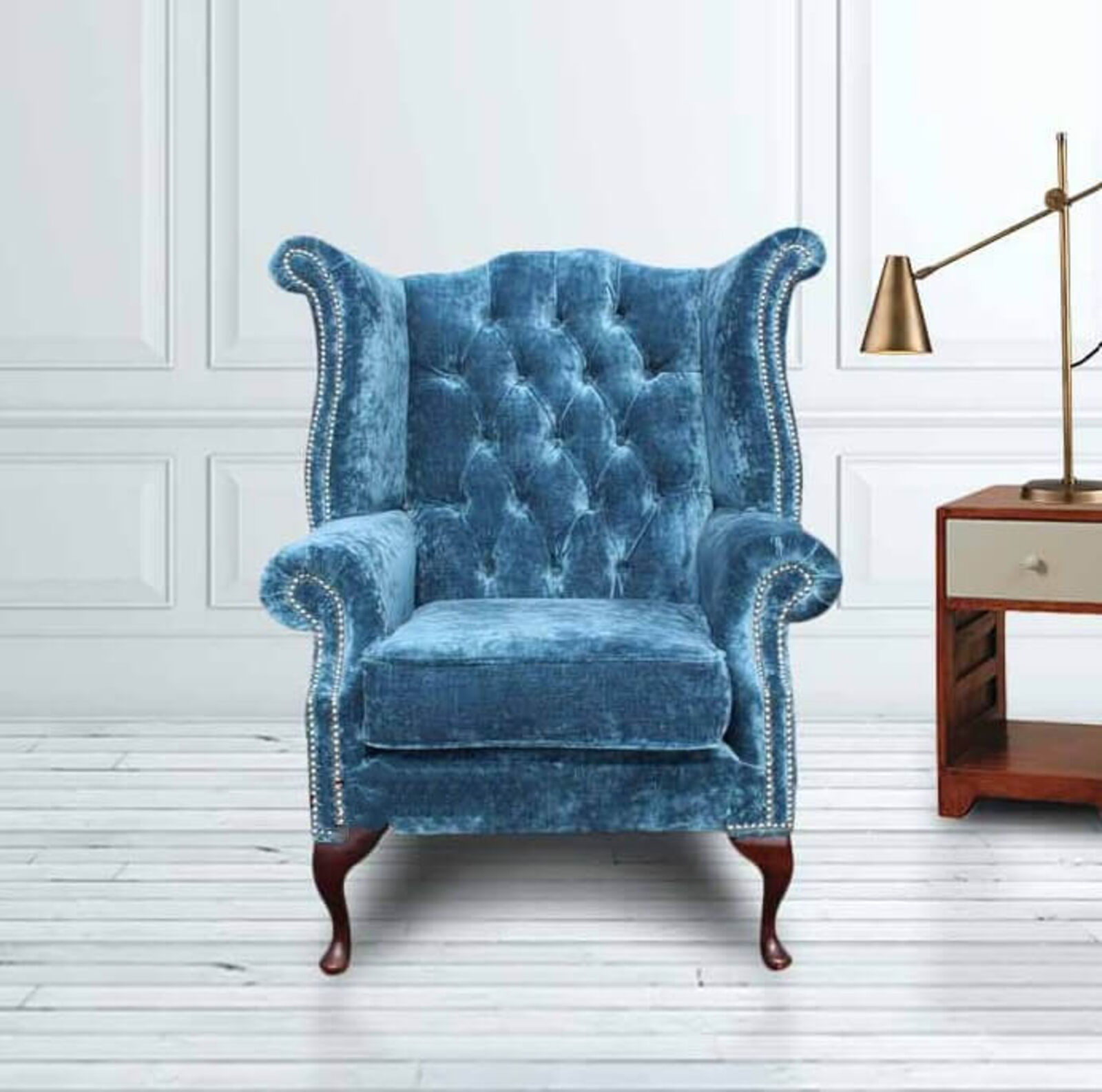 Product photograph of Elegance Teal Velvet Fabric Chesterfield Queen Anne High Back Chair Designersofas4u from Designer Sofas 4U