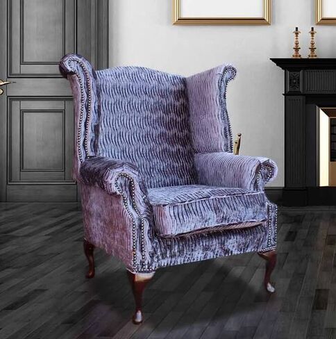 Chesterfield Queen Anne High Back Wing Chair Fantasia Violet Velvet