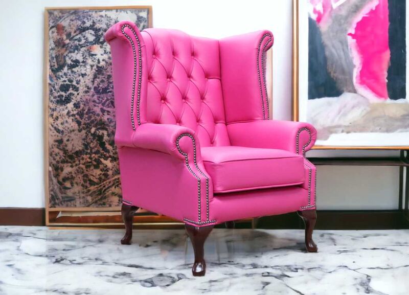 Product photograph of Chesterfield Queen Anne High Back Wing Chair Vele Fuchsia Pink from Designer Sofas 4U