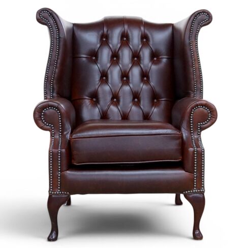 Chesterfield Queen Anne High Back Wing Chair Heritage Mahogany Leather