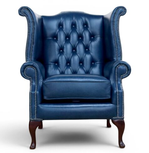 Chesterfield Leather Queen Anne High Back Wing Chair Old English Peacock Blue