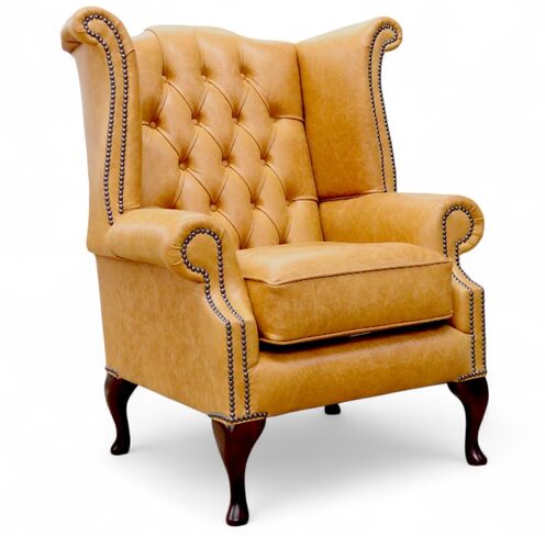 Chesterfield Queen Anne High Back Wing Chair UK Manufactured Old English Tan
