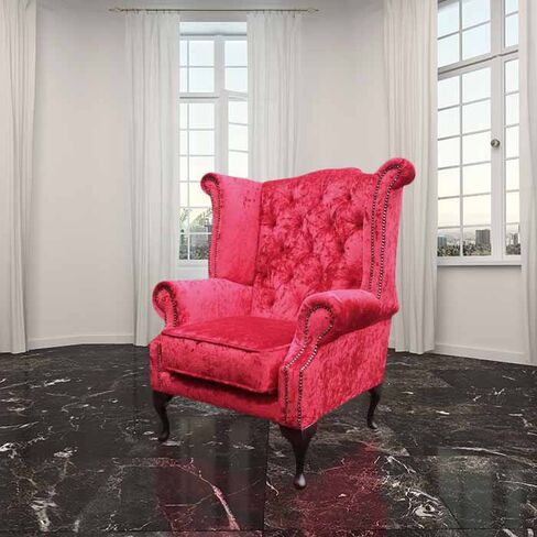 Chesterfield Queen Anne High Back Wing Chair Plush Red Velvet