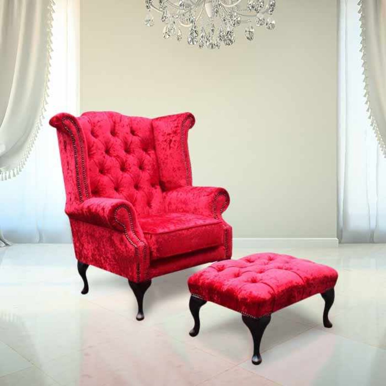 Product photograph of Chesterfield Queen Anne High Back Wing Chair Plush Red Velvet Amp Hellip from Designer Sofas 4U