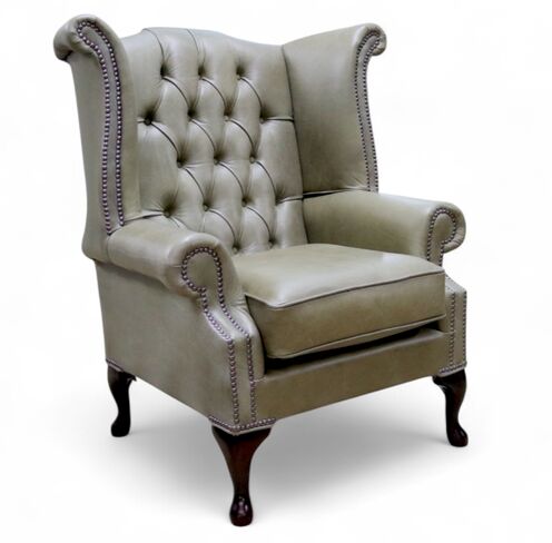 Chesterfield Queen Anne High Back Wing Chair Selvaggio Sage Green Leather