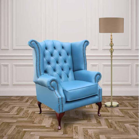 Chesterfield Queen Anne High Back Wing Chair Soft Vele Cambridge Blue Leather
