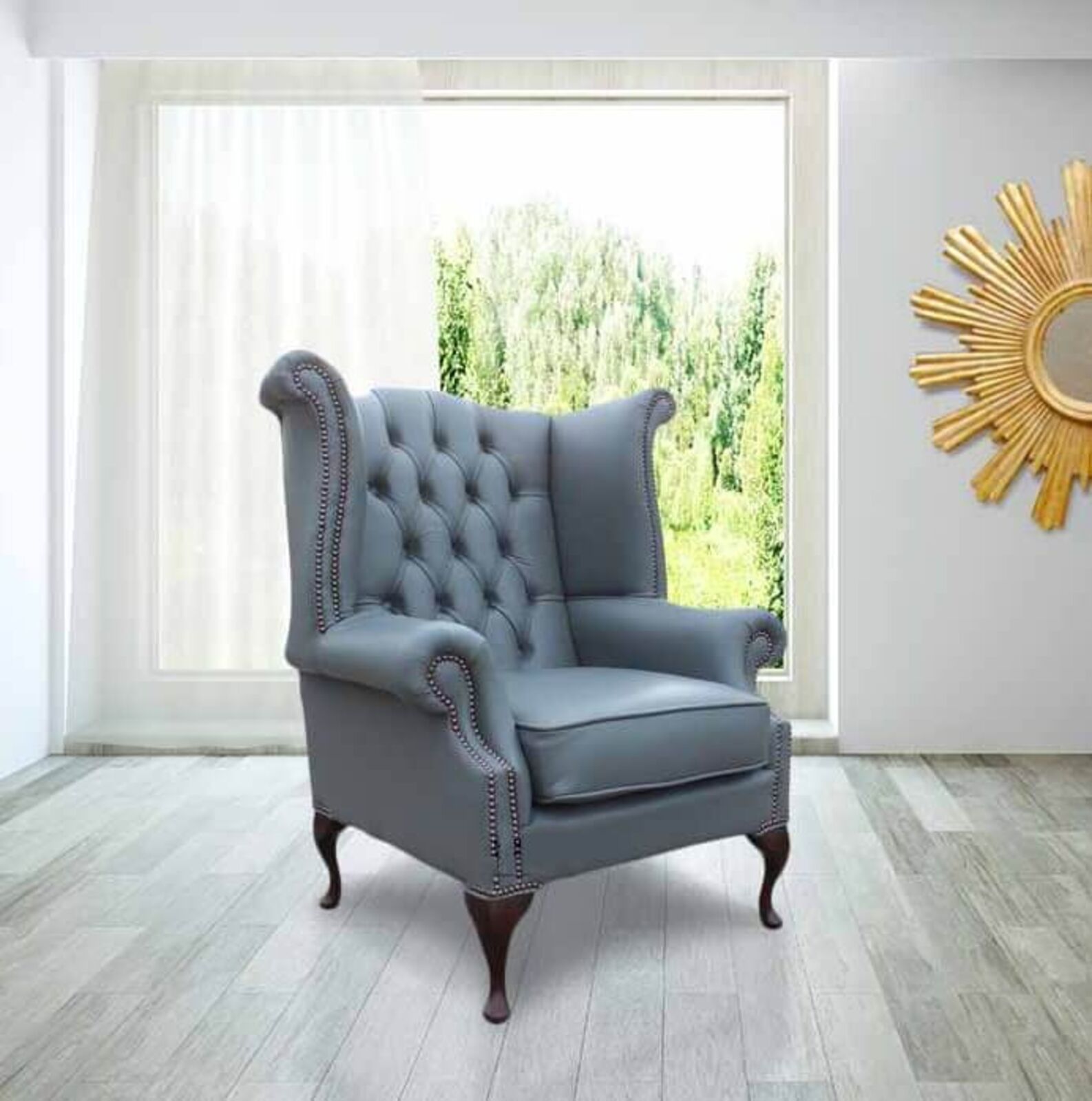 Product photograph of Chesterfield Queen Anne High Back Wing Chair Soft Vele Iron Grey Leather from Designer Sofas 4U